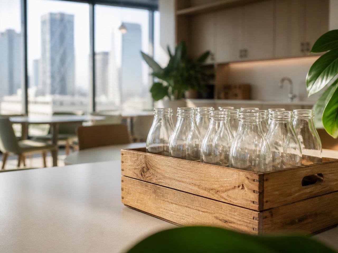 Empty glass milk bottles in a wooden crate ready for collection