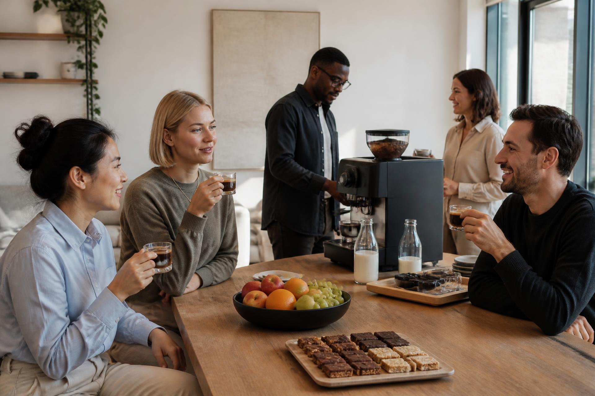 Calgary office team enjoying premium coffee and healthy refreshments