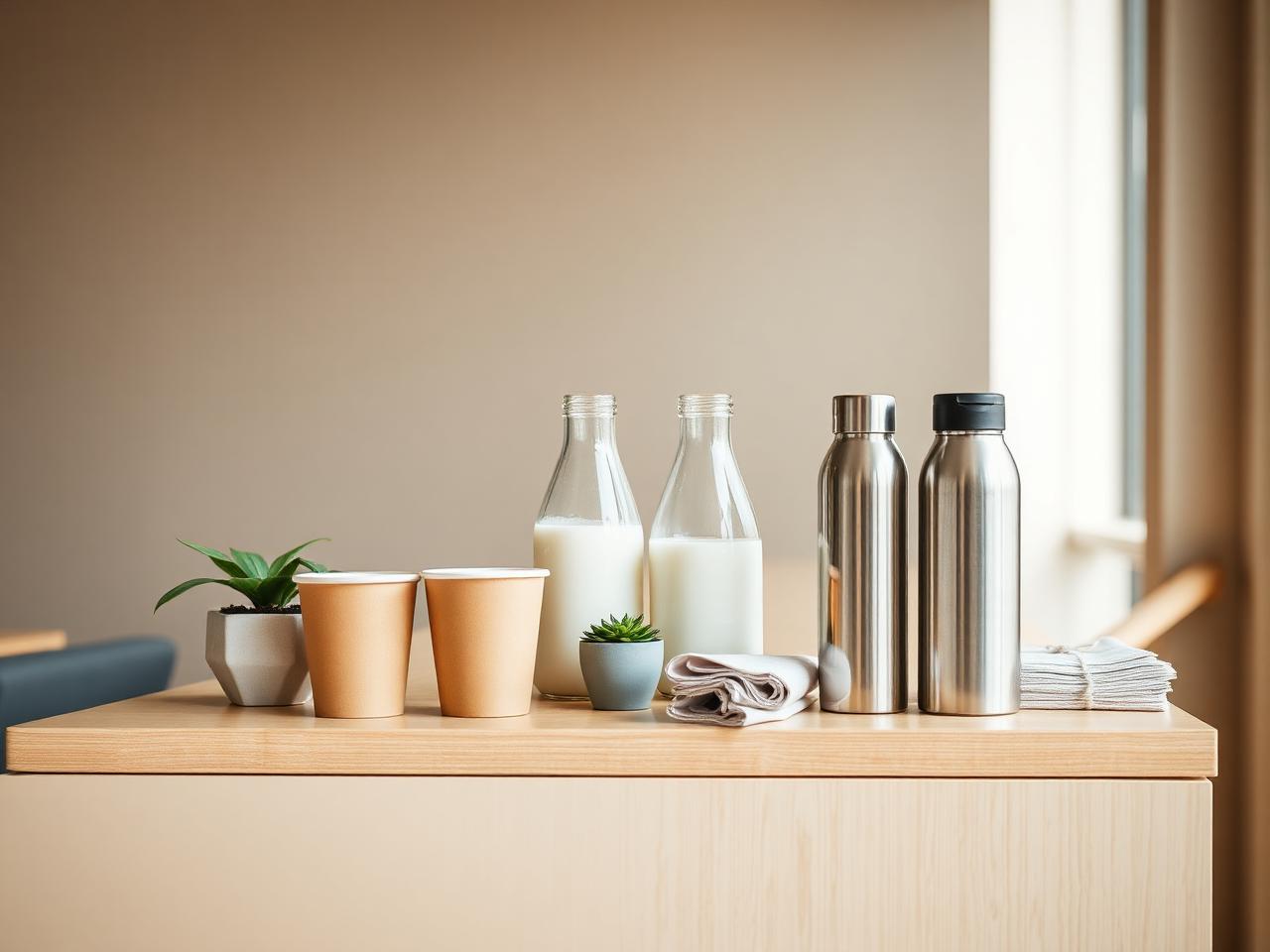Sustainable office breakroom with compostable cups, glass milk bottles and reusable stainless steel water bottles